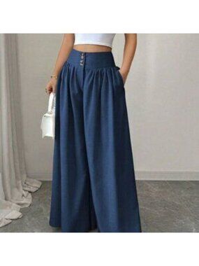 Blue Casual Women's Elegant Floral Buckle Design Loose Pants